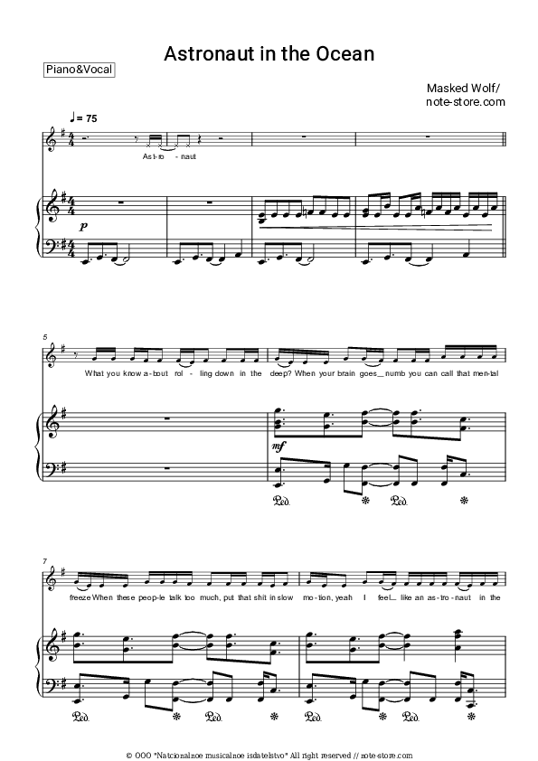 Astronaut In The Ocean - Masked Wolf Piano Sheet Music with the Voice part - Piano&Vocal