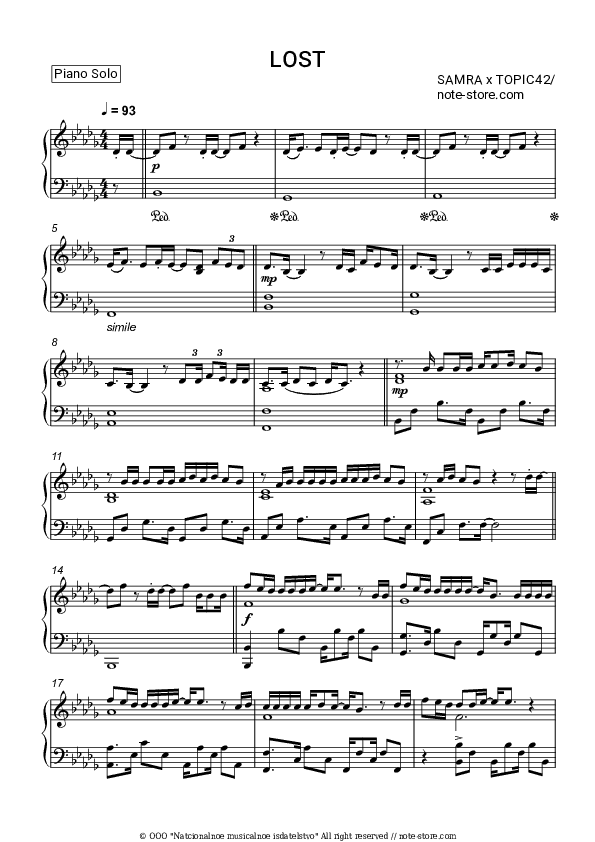 Lost - Samra, TOPIC42 Piano Sheet Music - Piano.Solo