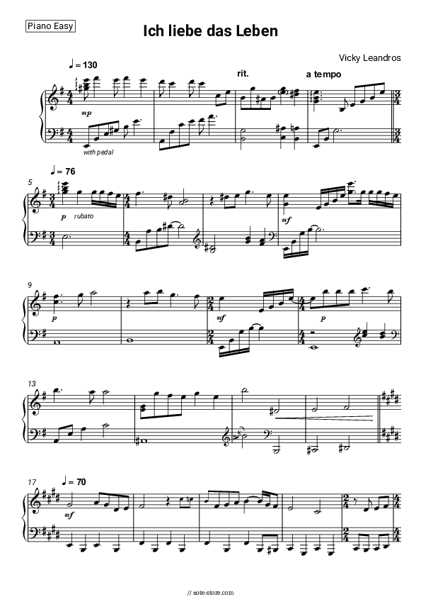 Ich liebe das Leben - Vicky Leandros Piano Sheet Music Easy - Piano.Easy