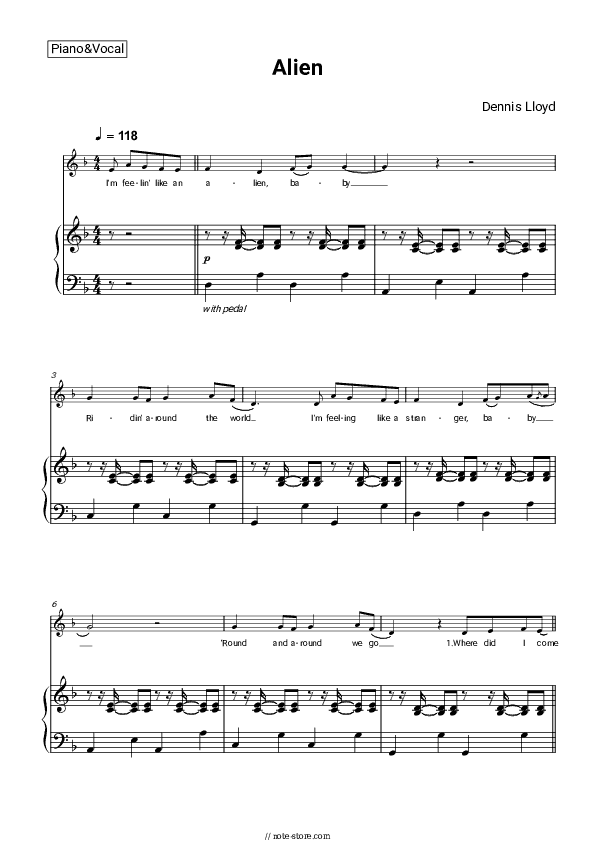 Alien - Dennis Lloyd Piano Sheet Music with the Voice part - Piano&Vocal