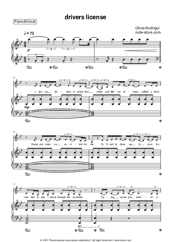 drivers license - Olivia Rodrigo Piano Sheet Music with the Voice part - Piano&Vocal