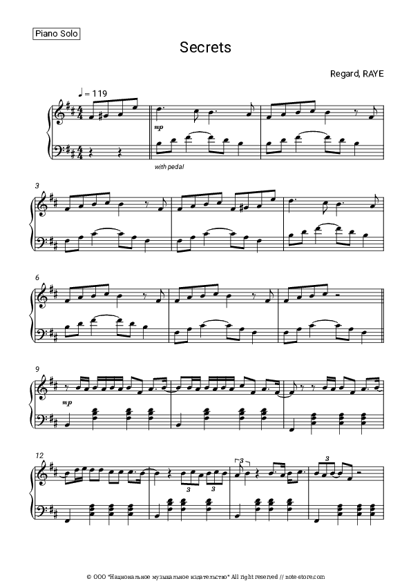 Secrets - Dj Regard, Raye Piano Sheet Music - Piano.Solo