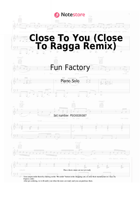 Close To You (Close To Ragga Remix) - Fun Factory Piano Sheet Music - Piano.Solo