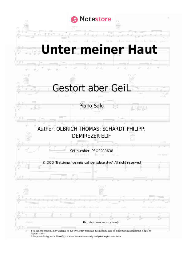 Unter meiner Haut - Gestort aber GeiL, Wincent Weiss, Koby Funk Piano Sheet Music - Piano.Solo