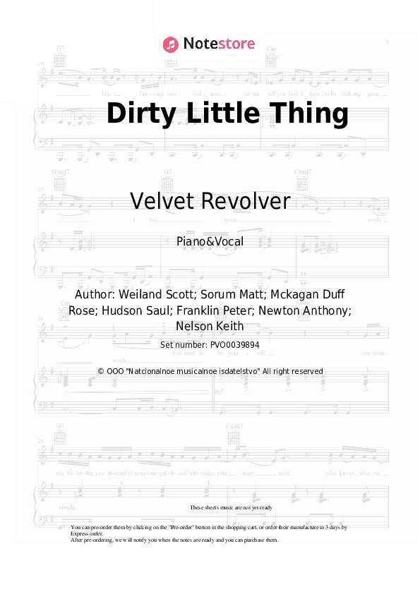 Dirty Little Thing - Velvet Revolver Piano Sheet Music with the Voice part - Piano&Vocal