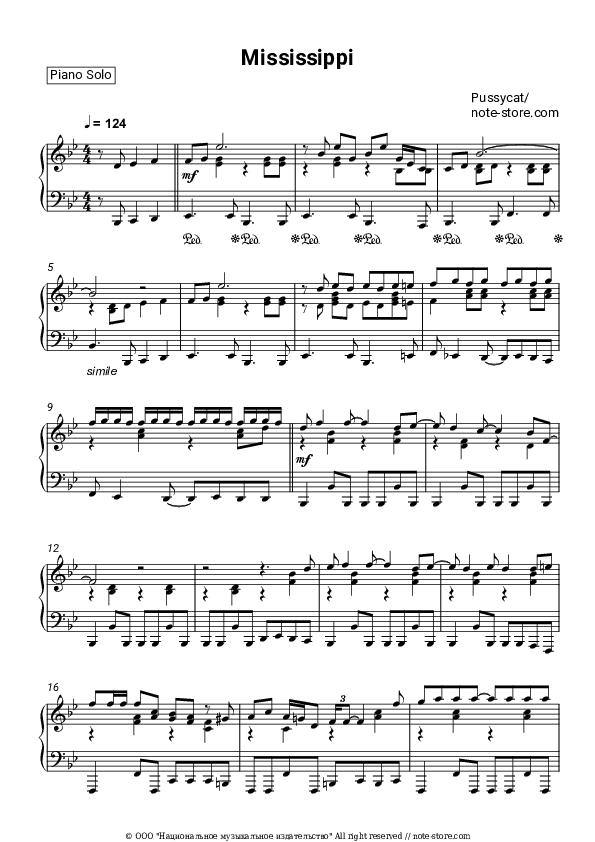 Mississippi - Pussycat Piano Sheet Music - Piano.Solo
