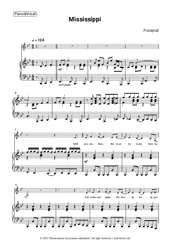 Mississippi - Pussycat Piano Sheet Music with the Voice part - Piano&Vocal