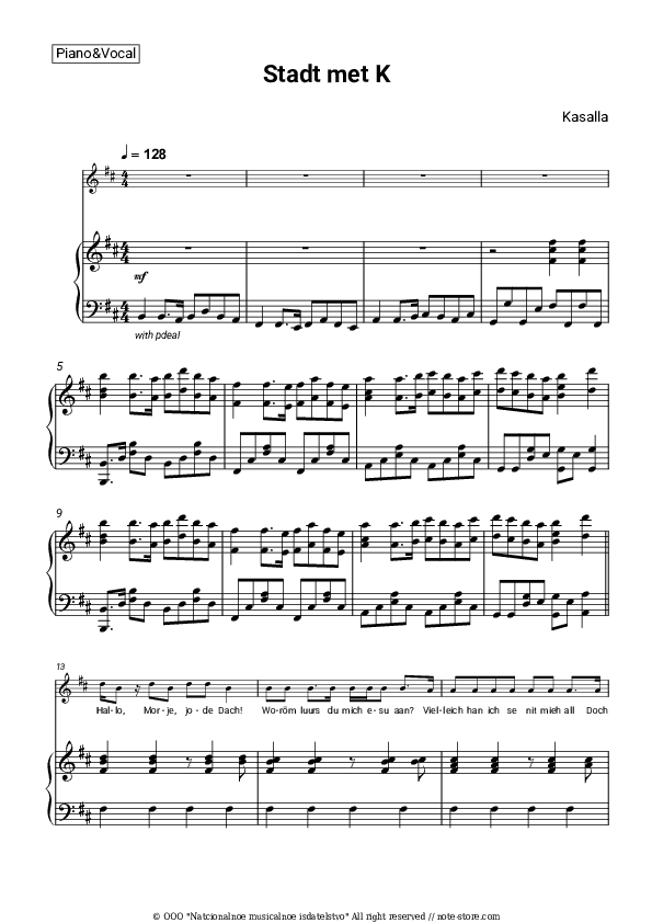 Stadt met K - Kasalla Piano Sheet Music with the Voice part - Piano&Vocal