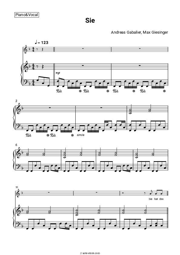 Sie - Andreas Gabalier, Max Giesinger Piano Sheet Music with the Voice part - Piano&Vocal