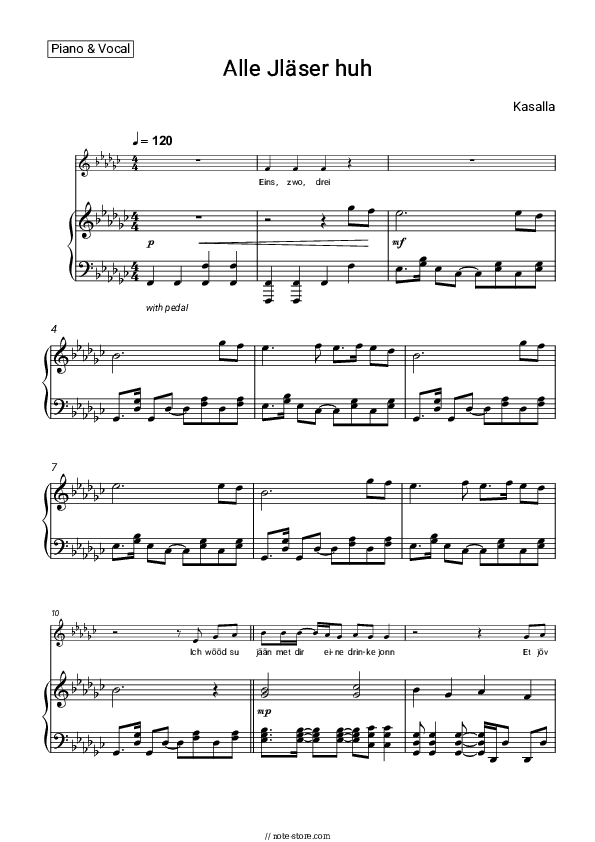Alle Jläser huh - Kasalla Piano Sheet Music with the Voice part - Piano&Vocal