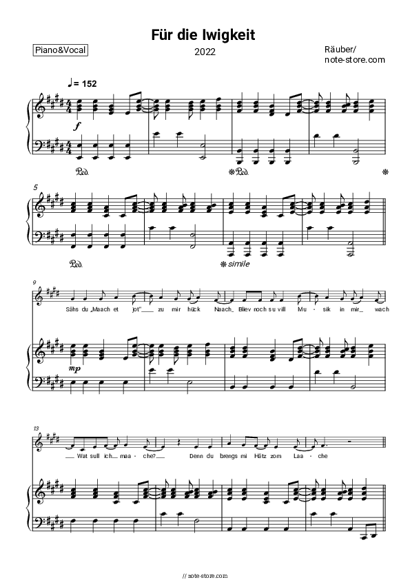 Für die Iwigkeit - Räuber Piano Sheet Music with the Voice part - Piano&Vocal