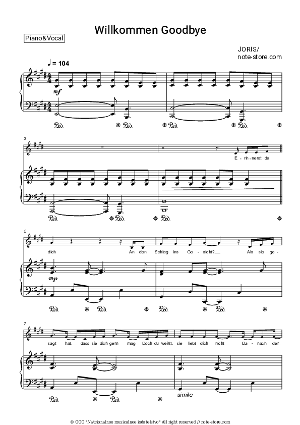 Willkommen Goodbye - JORIS Piano Sheet Music with the Voice part - Piano&Vocal