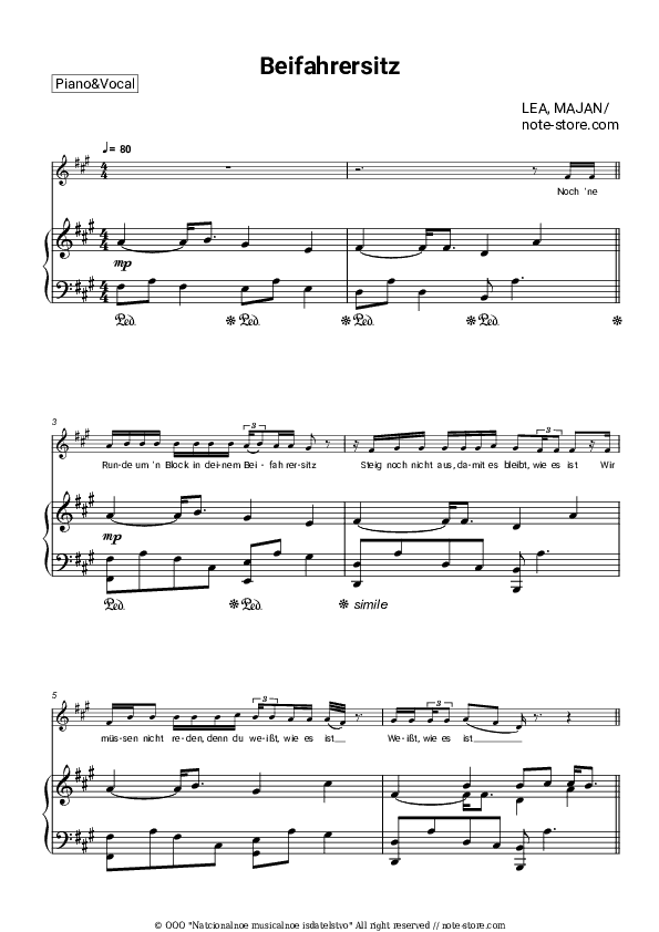 Beifahrersitz - LEA, Majan Piano Sheet Music with the Voice part - Piano&Vocal