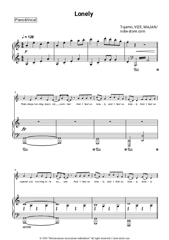 Lonely - Tujamo, VIZE, Majan Piano Sheet Music with the Voice part - Piano&Vocal