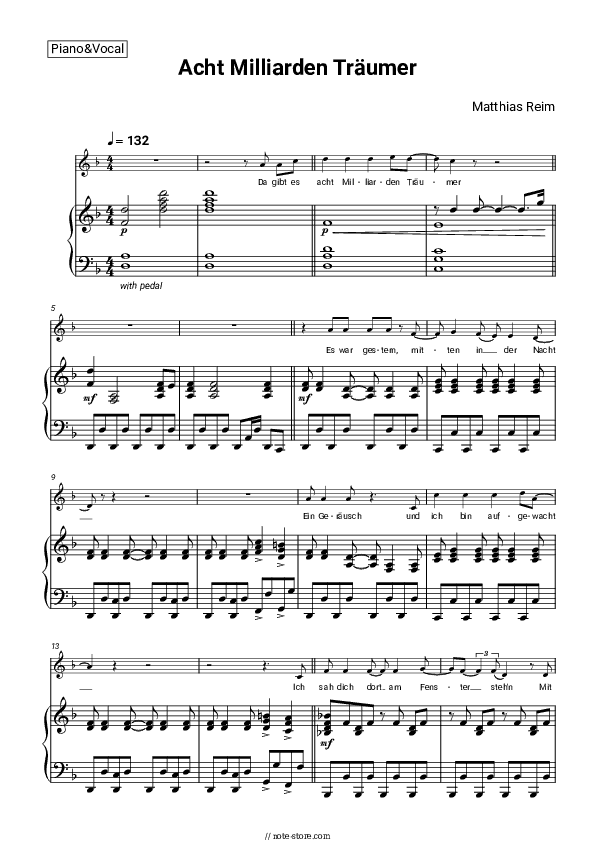 Acht Milliarden Träumer - Matthias Reim Piano Sheet Music with the Voice part - Piano&Vocal