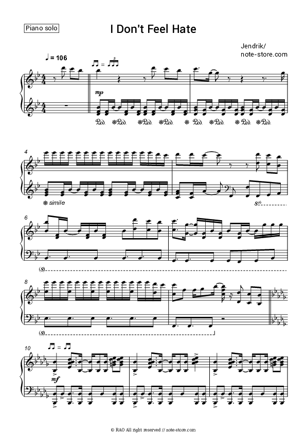 I Don't Feel Hate - Jendrik Piano Sheet Music - Piano.Solo