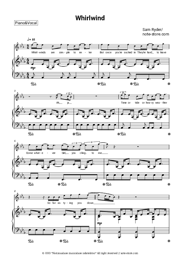 Whirlwind - Sam Ryder Piano Sheet Music with the Voice part - Piano&Vocal