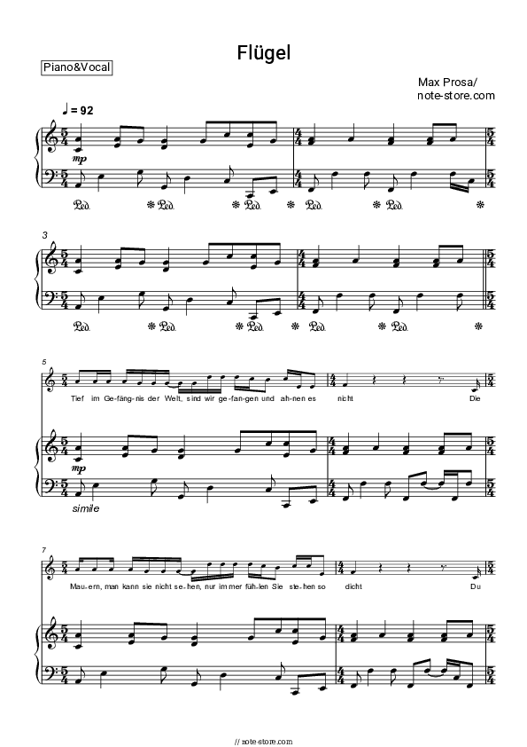 Flügel - Max Prosa Piano Sheet Music with the Voice part - Piano&Vocal