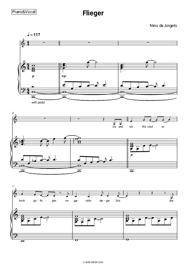 Flieger - Nino de Angelo Piano Sheet Music with the Voice part - Piano&Vocal