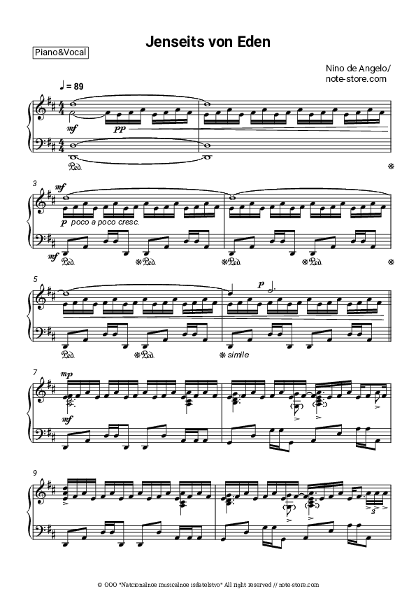 Jenseits von Eden - Nino de Angelo Piano Sheet Music with the Voice part - Piano&Vocal