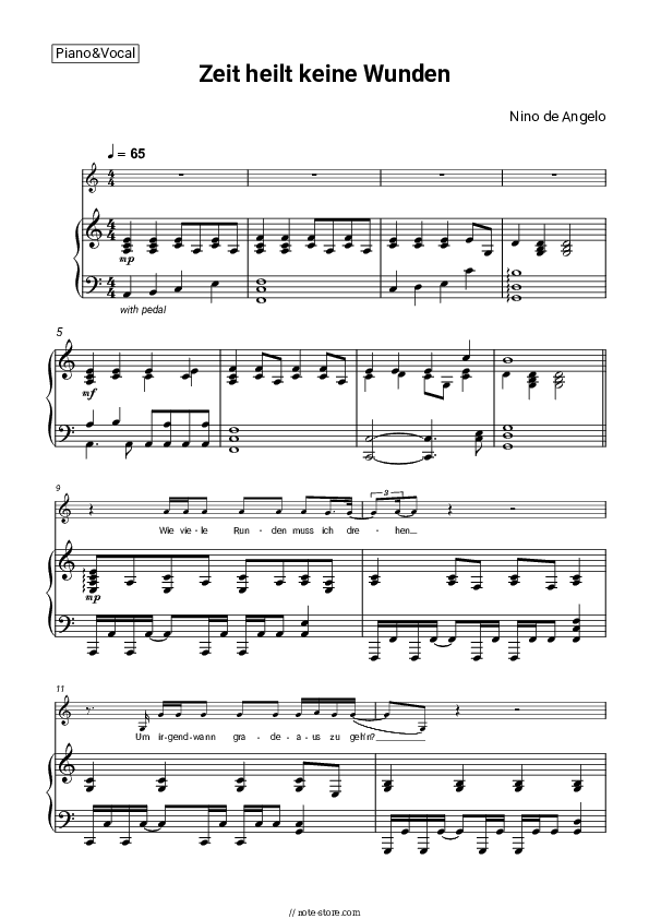 Zeit heilt keine Wunden - Nino de Angelo Piano Sheet Music with the Voice part - Piano&Vocal