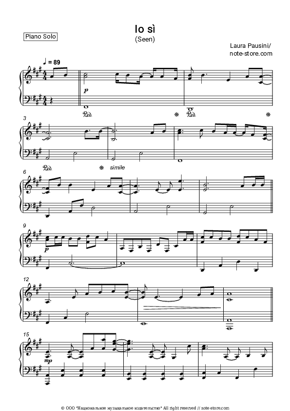 Io si (Seen) - Laura Pausini Piano Sheet Music - Piano.Solo