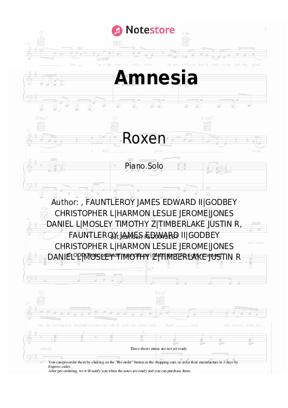 Amnesia - Roxen Piano Sheet Music - Piano.Solo
