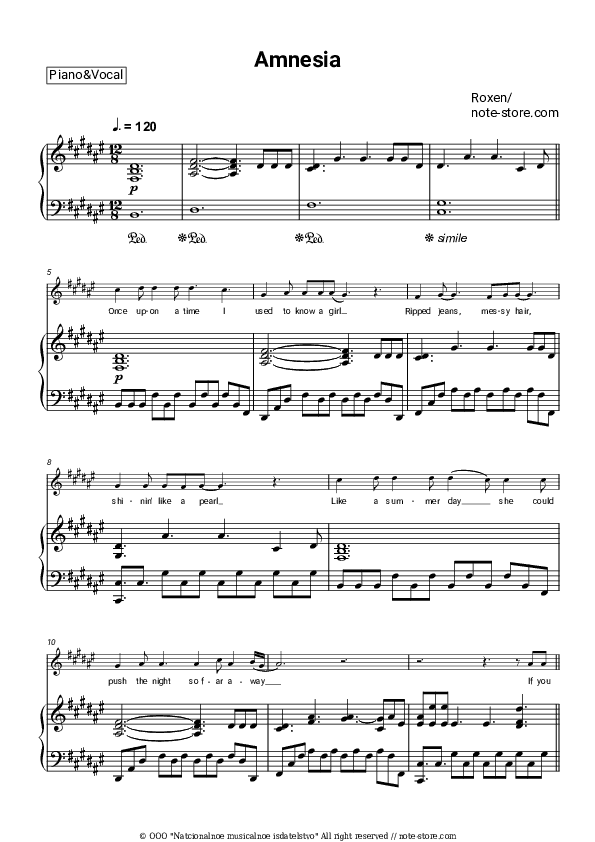 Amnesia - Roxen Piano Sheet Music with the Voice part - Piano&Vocal