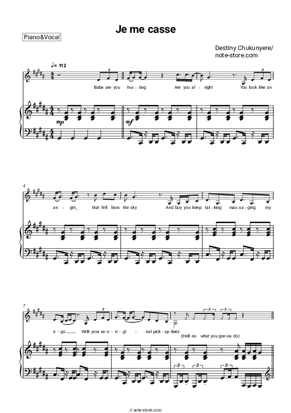 Je me casse - Destiny Chukunyere Piano Sheet Music with the Voice part - Piano&Vocal