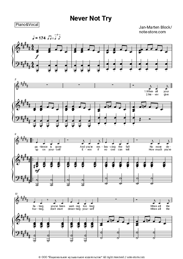 Never Not Try - Jan-Marten Block Piano Sheet Music with the Voice part - Piano&Vocal