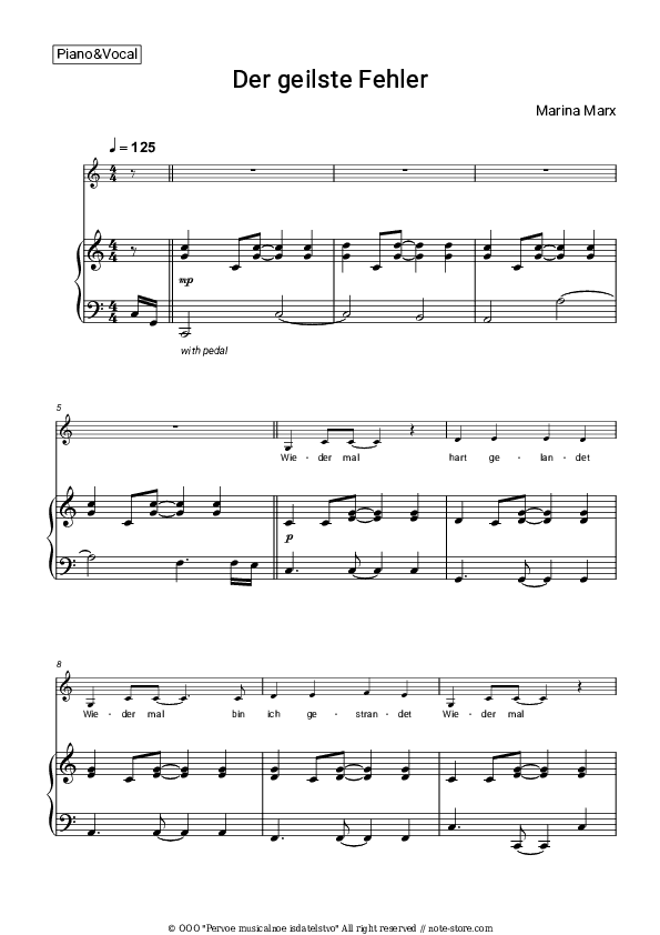 Der geilste Fehler - Marina Marx Piano Sheet Music with the Voice part - Piano&Vocal