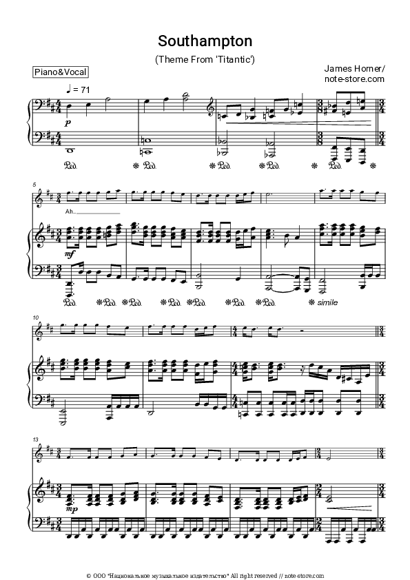 Southampton (Theme From 'Titantic') - James Horner Piano Sheet Music with the Voice part - Piano&Vocal