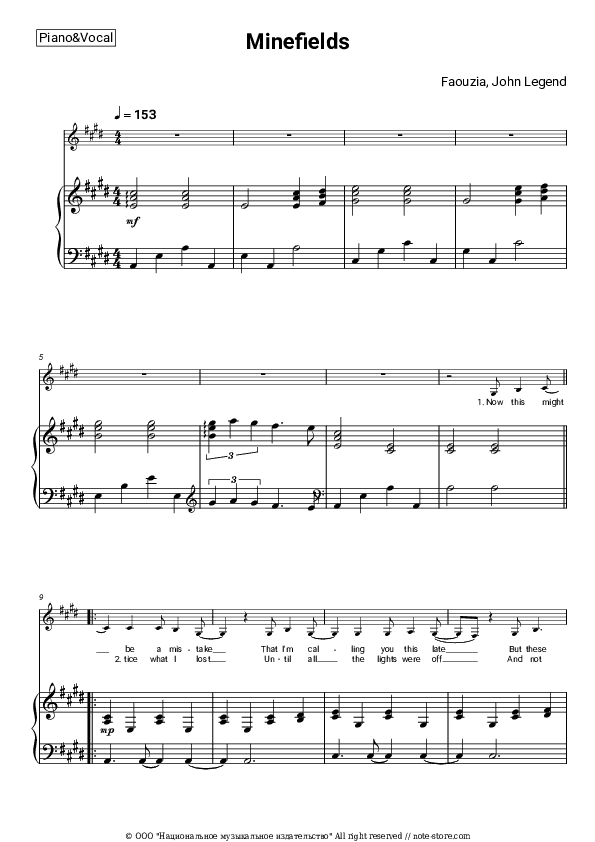 Minefields - Faouzia, John Legend Piano Sheet Music with the Voice part - Piano&Vocal