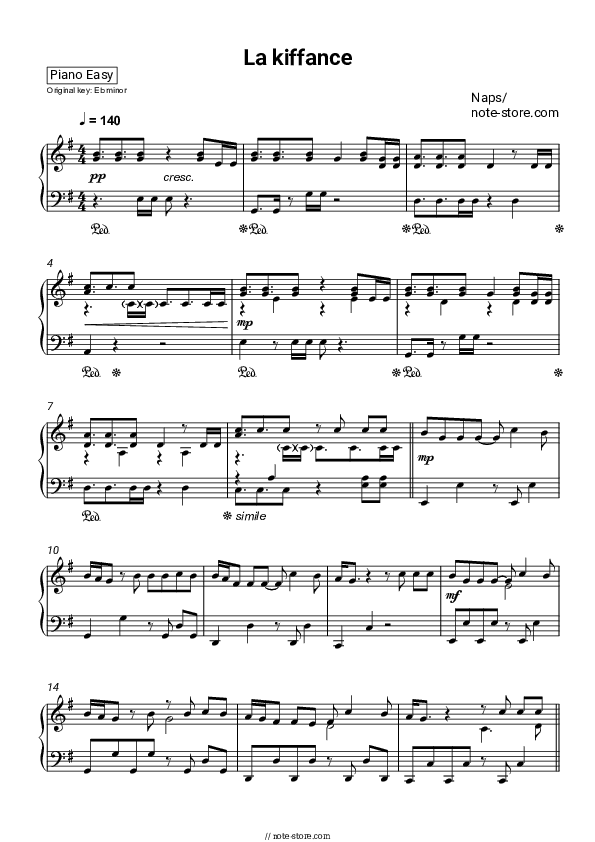 La kiffance - Naps Piano Sheet Music Easy - Piano.Easy