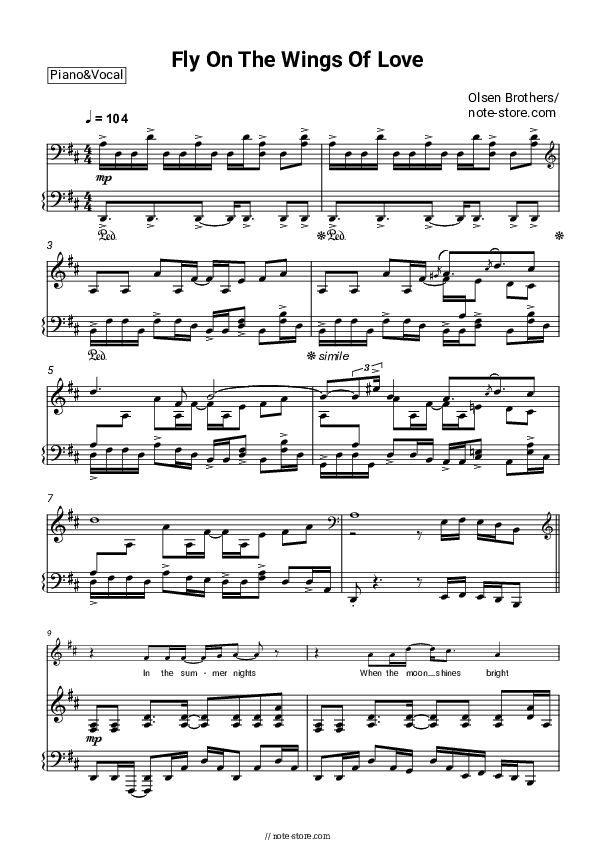 Fly On The Wings Of Love - Olsen Brothers Piano Sheet Music with the Voice part - Piano&Vocal