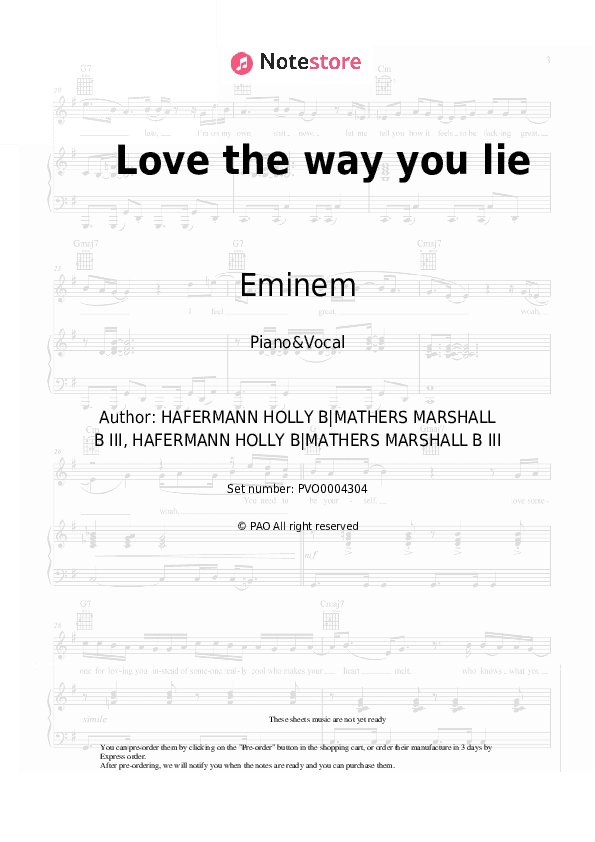 Love the way you lie - Eminem, Rihanna Piano Sheet Music with the Voice part - Piano&Vocal