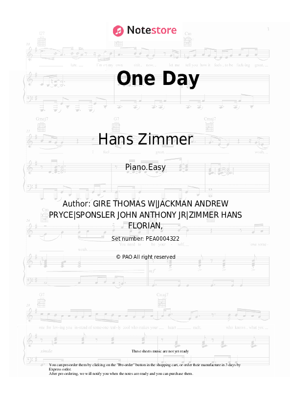 One Day - Hans Zimmer Piano Sheet Music Easy - Piano.Easy