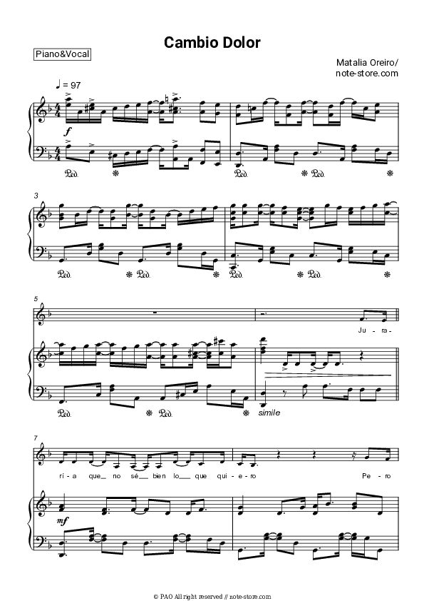 Cambio Dolor (OST Muñeca brava) - Natalia Oreiro Piano Sheet Music with the Voice part - Piano&Vocal