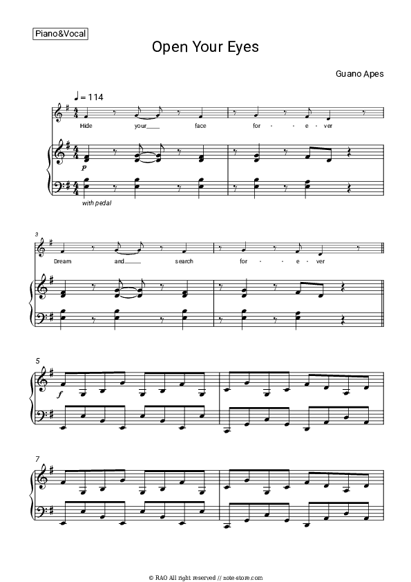 Open Your Eyes - Guano Apes Piano Sheet Music with the Voice part - Piano&Vocal