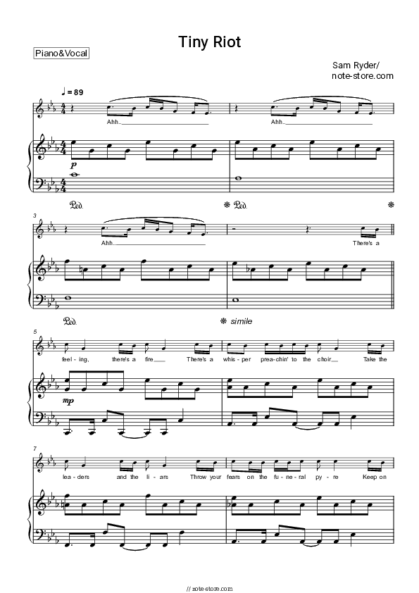 Tiny Riot - Sam Ryder Piano Sheet Music with the Voice part - Piano&Vocal