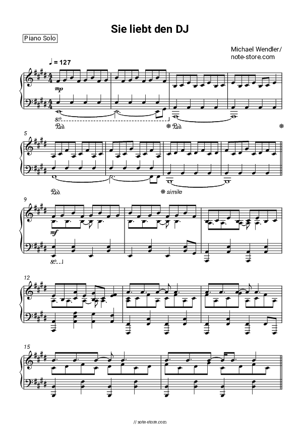 Sie liebt den DJ - Michael Wendler Piano Sheet Music - Piano.Solo