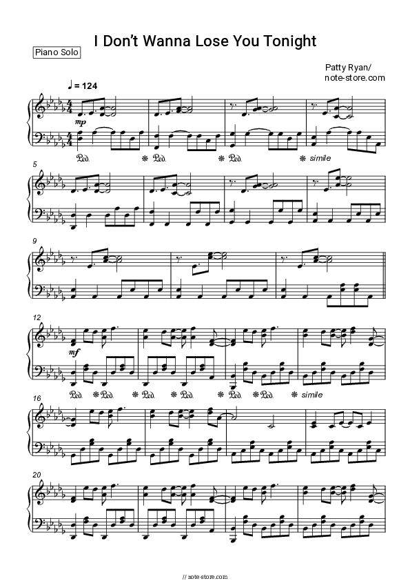 I Don’t Wanna Lose You Tonight - Patty Ryan Piano Sheet Music - Piano.Solo