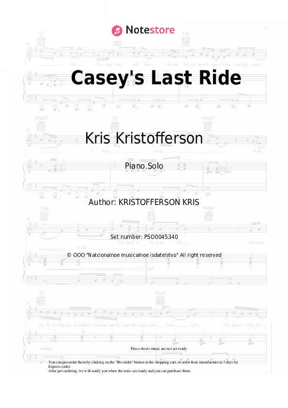 Casey's Last Ride - Kris Kristofferson Piano Sheet Music - Piano.Solo