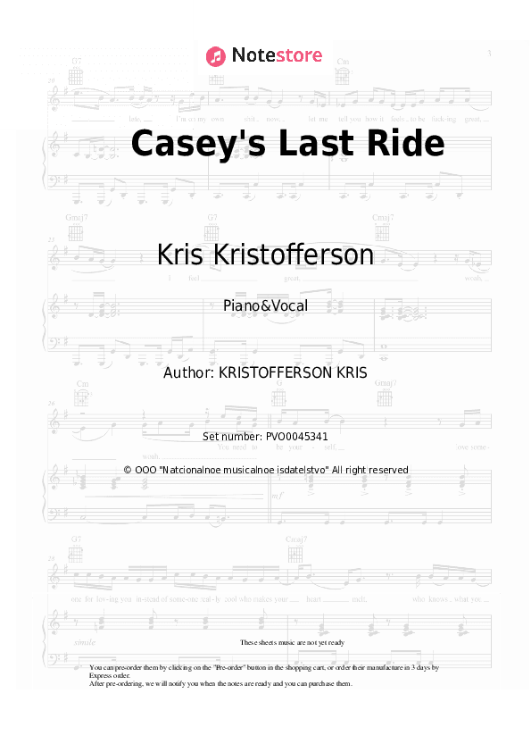 Casey's Last Ride - Kris Kristofferson Piano Sheet Music with the Voice part - Piano&Vocal