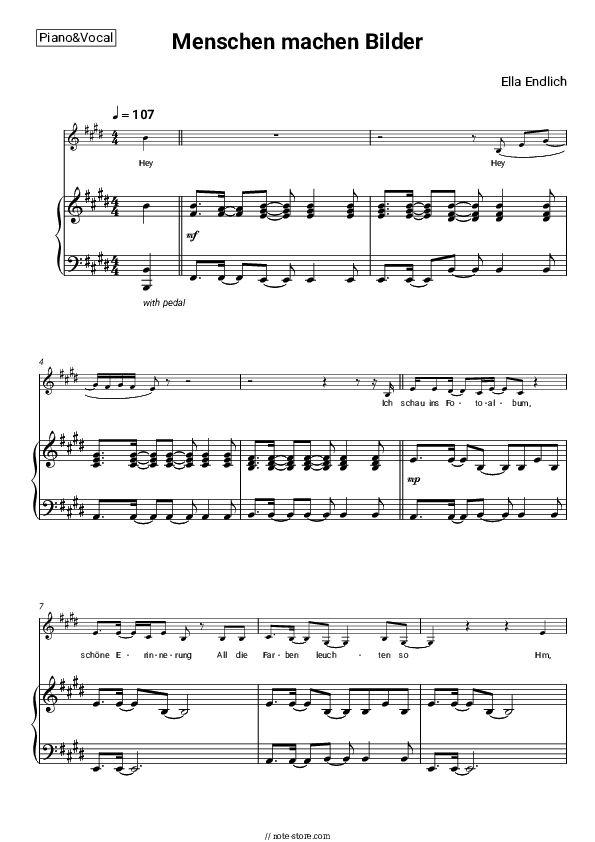 Menschen machen Bilder - Ella Endlich Piano Sheet Music with the Voice part - Piano&Vocal