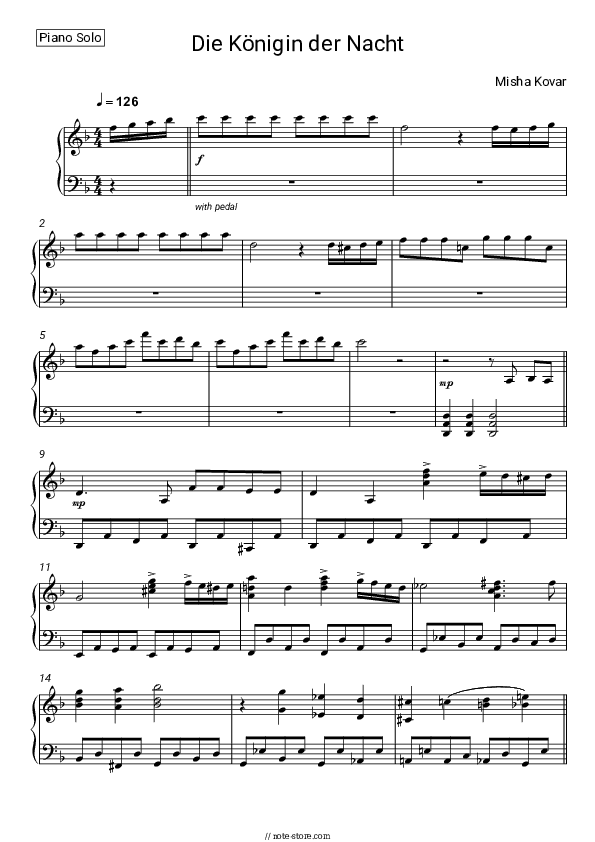 Die Königin der Nacht - Misha Kovar, Wolfgang Amadeus Mozart Piano Sheet Music - Piano.Solo