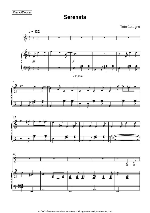 Serenata - Toto Cutugno Piano Sheet Music with the Voice part - Piano&Vocal