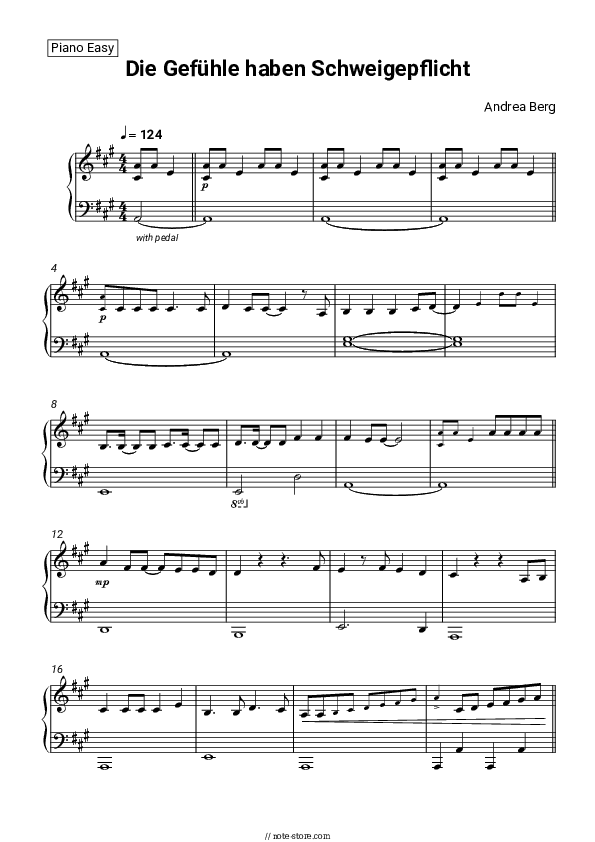 Die Gefühle haben Schweigepflicht - Andrea Berg Piano Sheet Music Easy - Piano.Easy