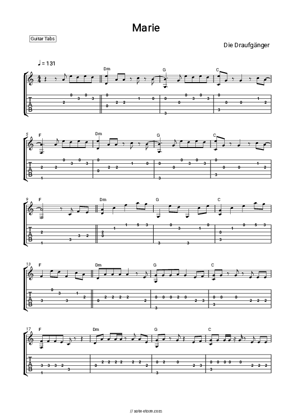 Marie - Die Draufgänger Tabs Easy - Guitar.Tab.Easy