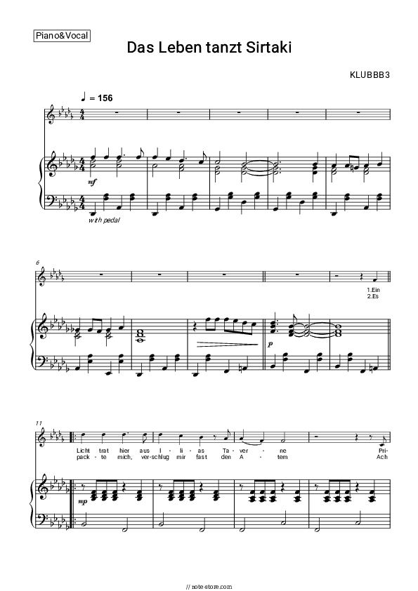 Das Leben tanzt Sirtaki - Klubbb3 Piano Sheet Music with the Voice part - Piano&Vocal